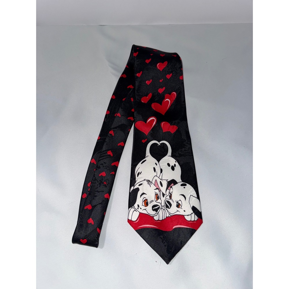 Disney 101 Dalmatians Mens Tie Black Red Hearts Puppies Valentine Novelty